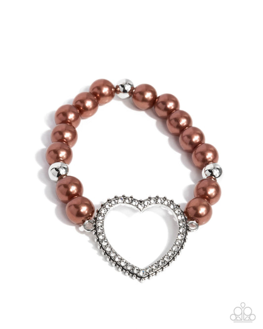 My Love, My Life - Brown Pearl Silver White Rhinestone Heart Stretchy Bracelet - Paparazzi Accessories