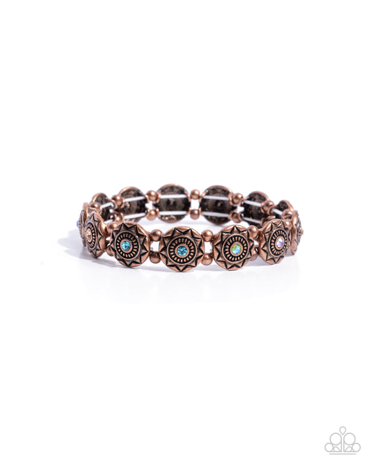 Traveling Texture - Copper Rhinestone Stretchy Bracelet - Paparazzi Accessories