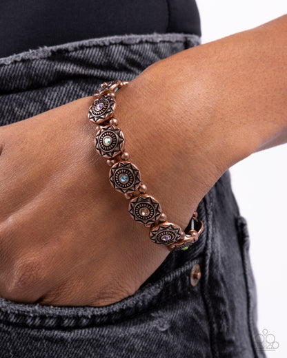 Traveling Texture - Copper Rhinestone Stretchy Bracelet - Paparazzi Accessories