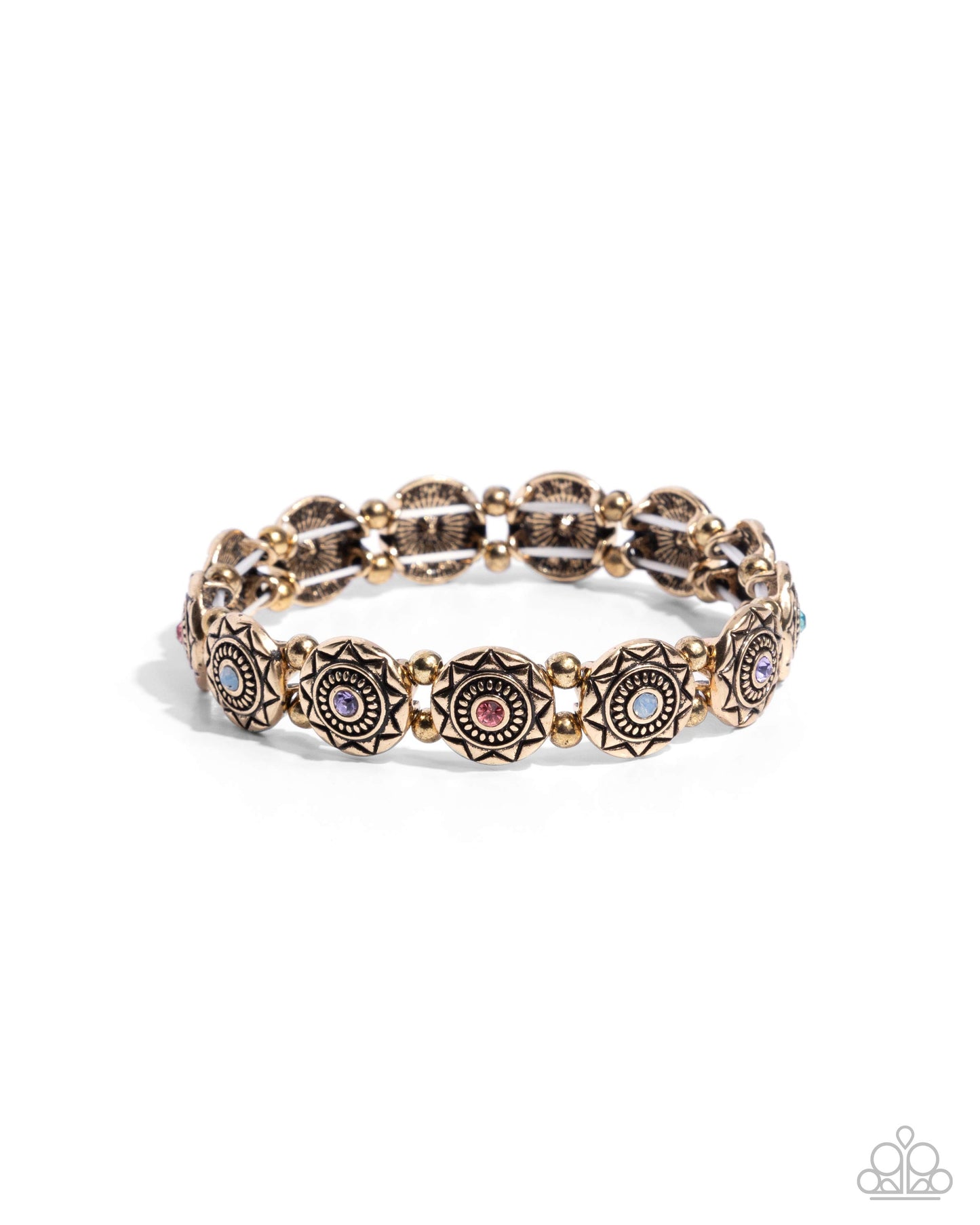 Traveling Texture - Purple Rhinestone Gold Stretchy Bracelet - Paparazzi Accessories