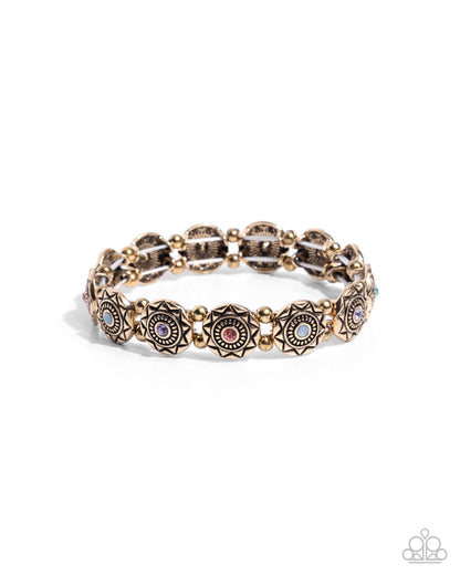 Traveling Texture - Purple Rhinestone Gold Stretchy Bracelet - Paparazzi Accessories