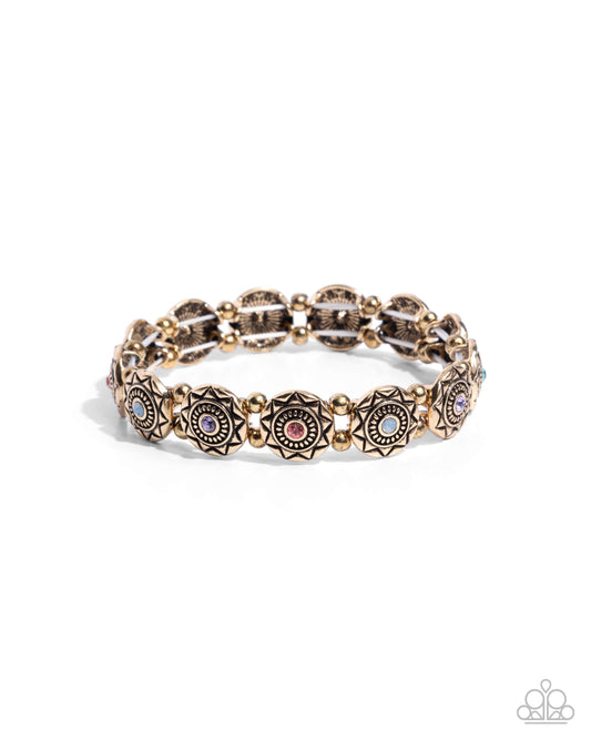 Traveling Texture - Purple Rhinestone Gold Stretchy Bracelet - Paparazzi Accessories