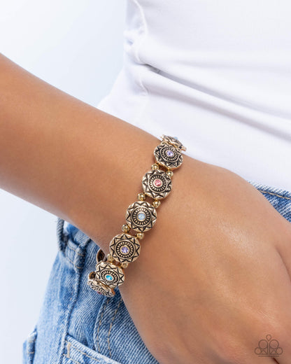 Traveling Texture - Purple Rhinestone Gold Stretchy Bracelet - Paparazzi Accessories