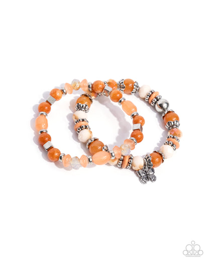 Meaningful Metamorphosis - Orange Beaded Silver Butterfly Charm Stretchy Bracelet Stack - Paparazzi Accessories