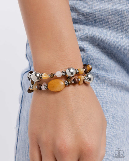 Heroic Harmony - Yellow, Tiger's Eye, Pink Natural Stone Silver Stretchy Bracelet - Paparazzi Accessories