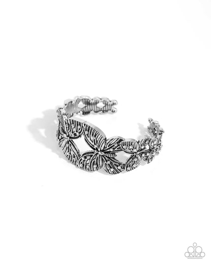 Mariposa Makeover - White Rhinestone Silver Butterfly Cuff Bracelet - Paparazzi Accessories