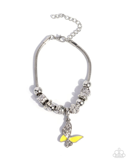Luminescent Landing - Yellow Enamel Silver Butterfly Charm Clasp Bracelet - Paparazzi Accessories