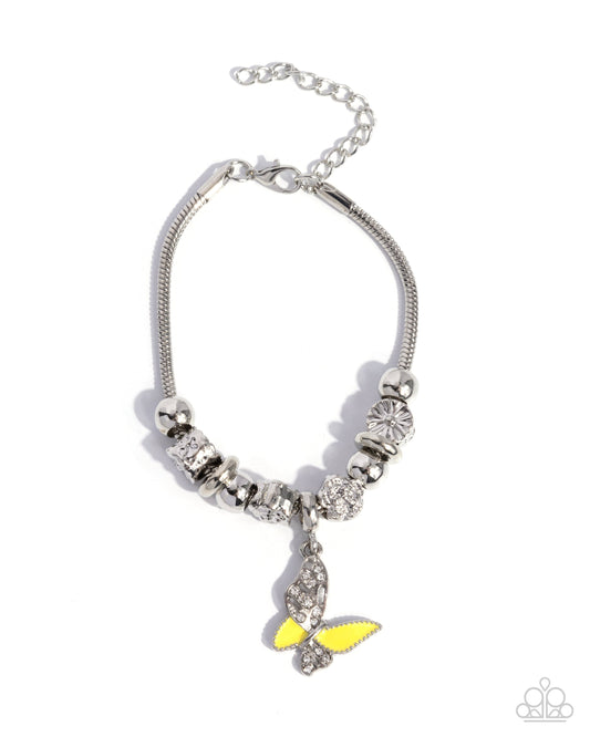 Luminescent Landing - Yellow Enamel Silver Butterfly Charm Clasp Bracelet - Paparazzi Accessories
