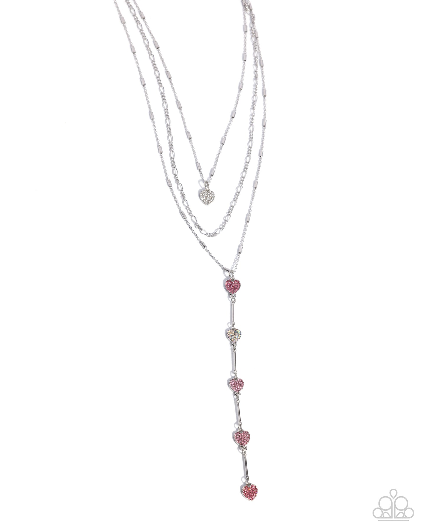 Valiant Valentine - Pink Irirdescent Gem Hearts Silver Necklace - Paparazzi Accessories