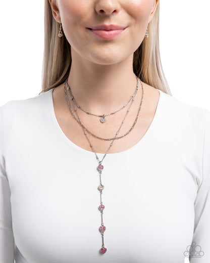 Valiant Valentine - Pink Irirdescent Gem Hearts Silver Necklace - Paparazzi Accessories