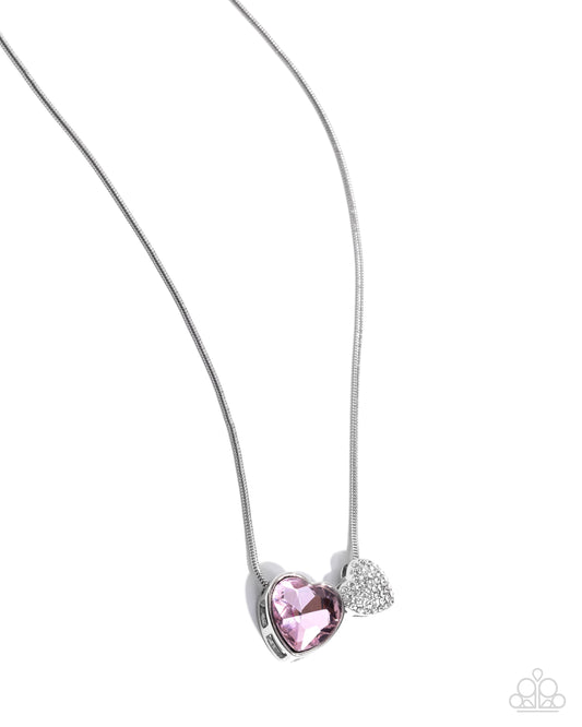 Lovely Couple - Pink Rhinestone Heart Silver Necklace - Paparazzi Accessories