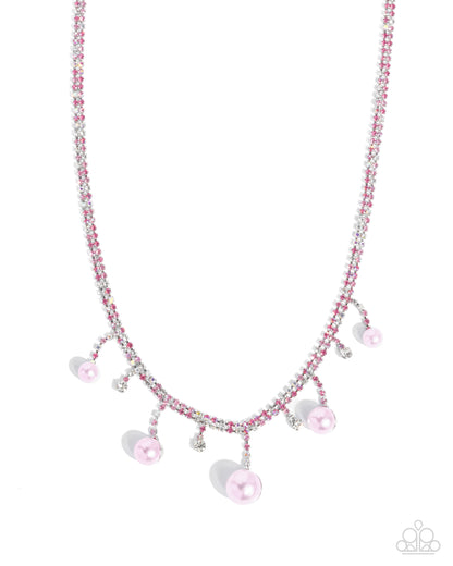 Shimmery Safeguard - Pink Iridescent Rhinestone Pink Pearl Silver Necklace - Paparazzi Accessories