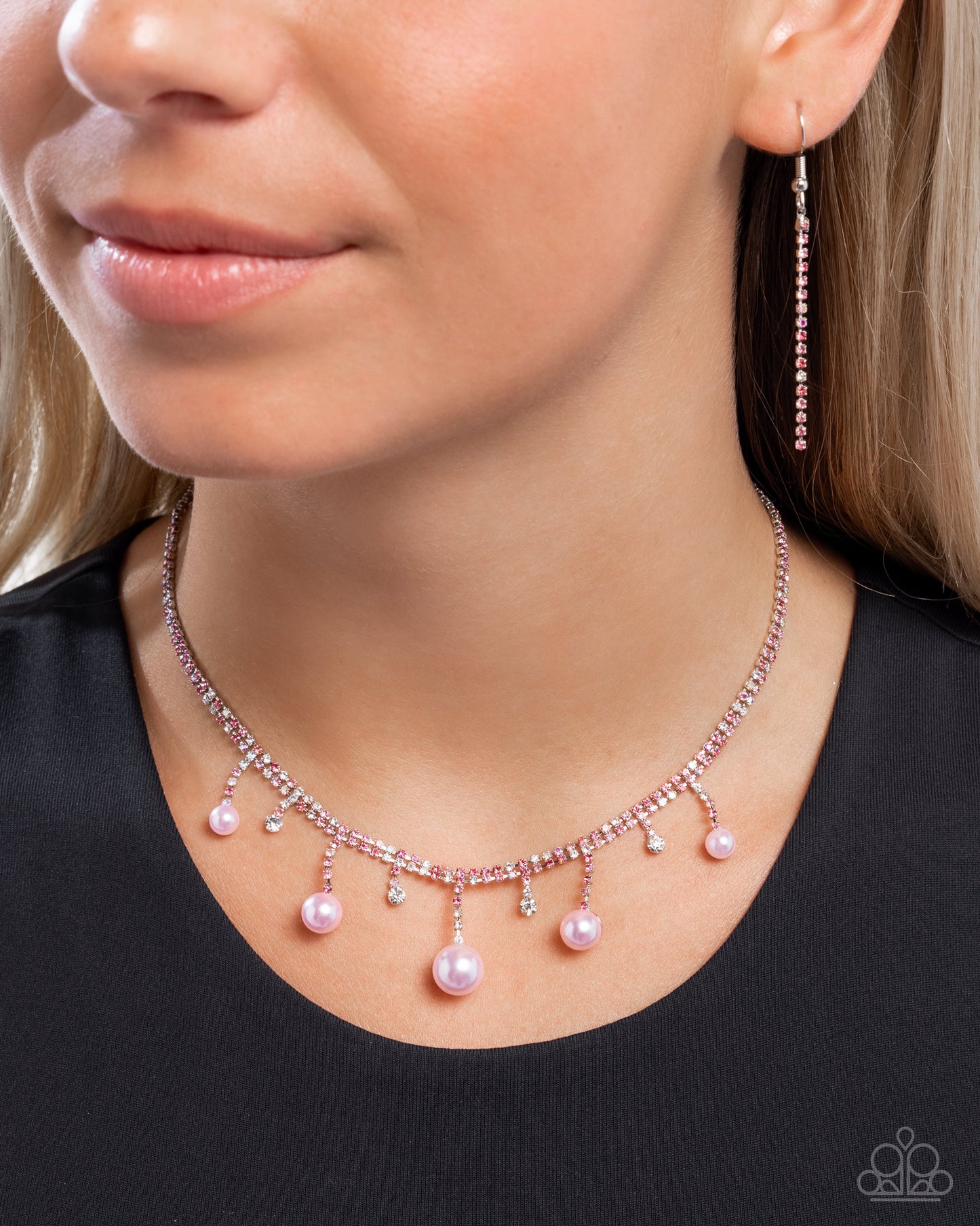Shimmery Safeguard - Pink Iridescent Rhinestone Pink Pearl Silver Necklace - Paparazzi Accessories