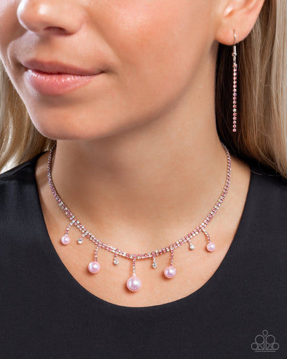 Shimmery Safeguard - Pink Iridescent Rhinestone Pink Pearl Silver Necklace - Paparazzi Accessories