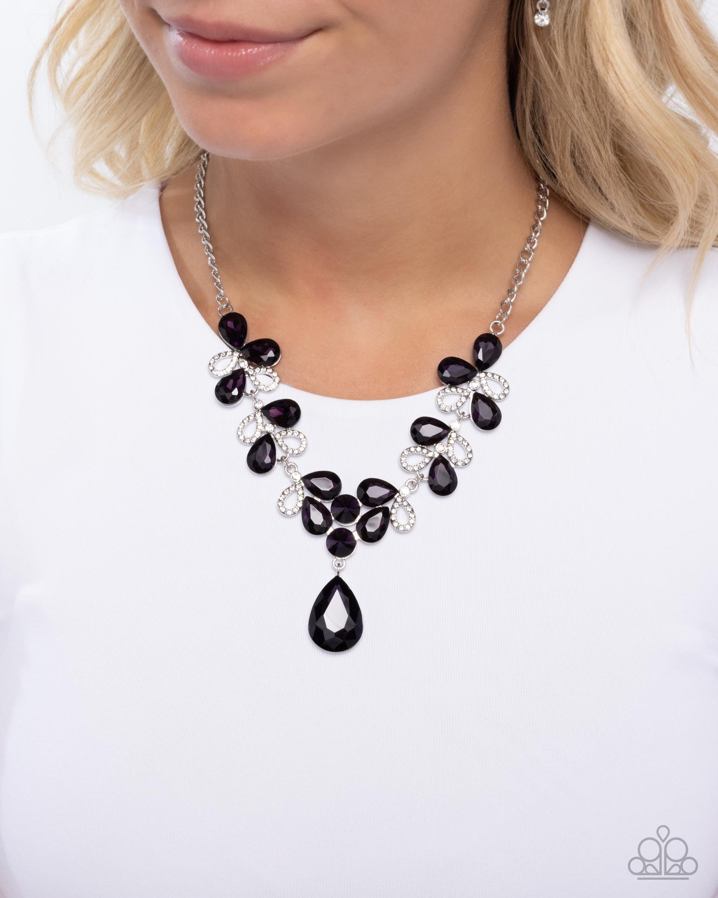 Solo Exhibition - Purple Teardrop Gems Silver Necklace - Paparazzi Accessories