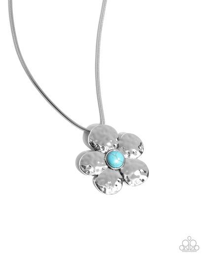 Tasteful Texture - Blue Turquoise Stone Silver Flower Pendant Necklace - Paparazzi Accessories