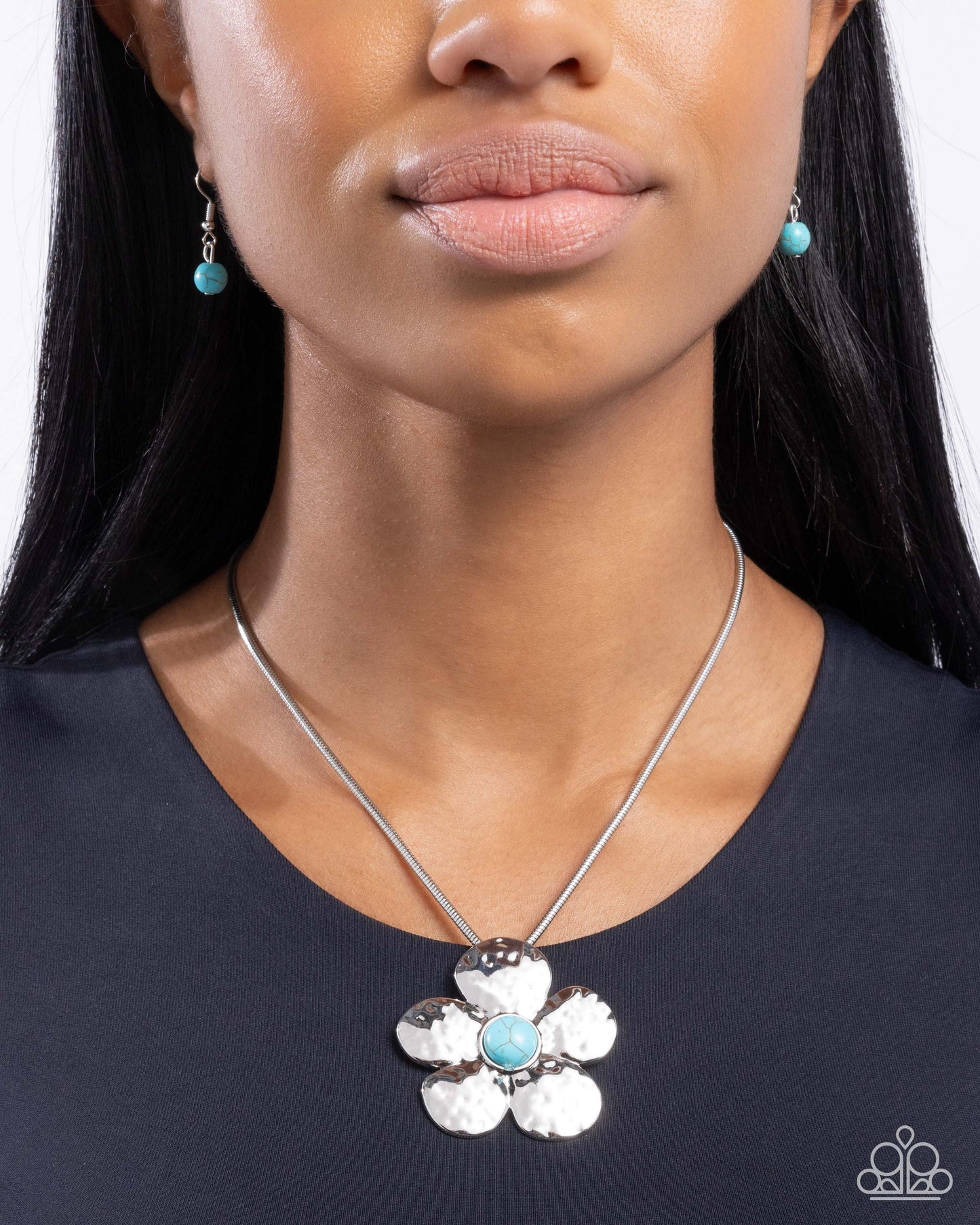 Tasteful Texture - Blue Turquoise Stone Silver Flower Pendant Necklace - Paparazzi Accessories