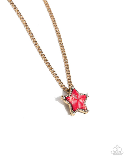 Lone Star Story - Red Marbled Stone Star Gold Curb Chain Necklace - Paparazzi Accessories