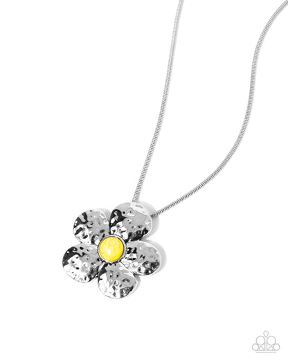 Tasteful Texture - Yellow Stone Silver Flower Pendant Necklace - Paparazzi Accessories