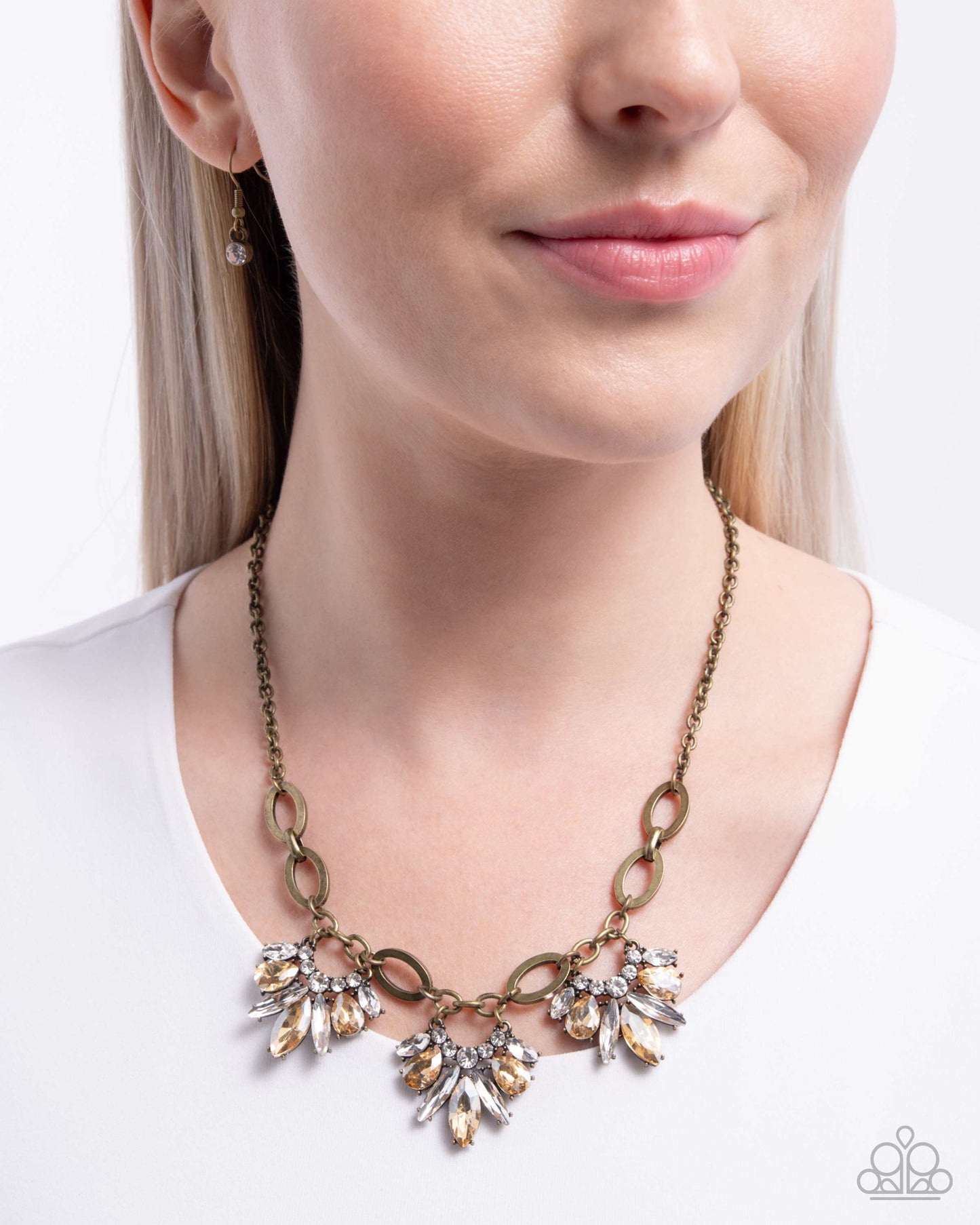 Professional Powerhouse - Brass, Champagne & White Rhinestone Necklace - Paparazzi Accessories