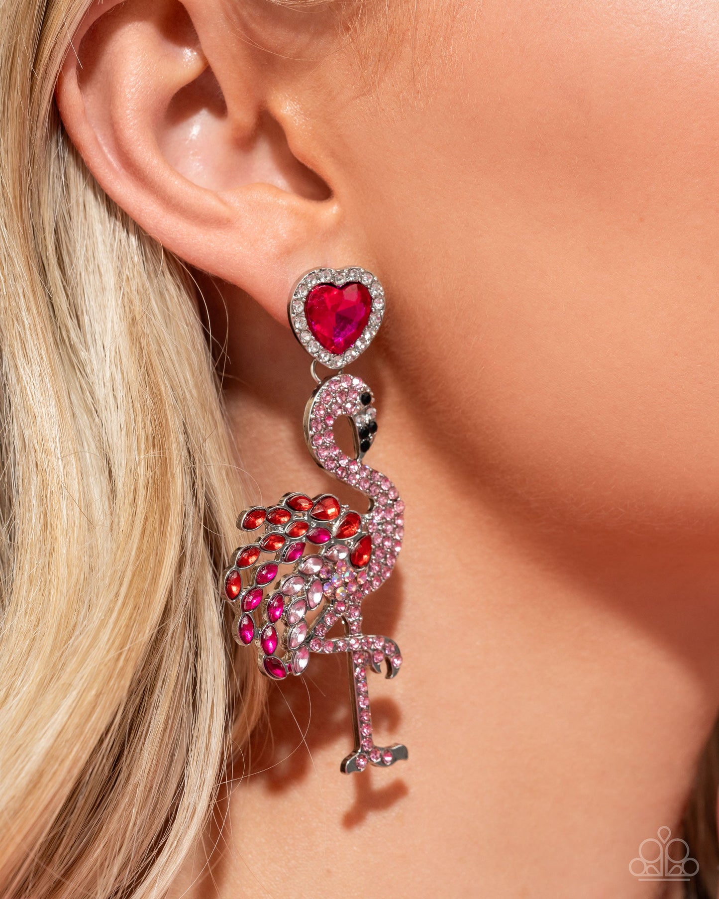 Flamingo Freestyle - Pink Rhinestone Flamingo Heart Post Earrings - January 2025 Life of the Party Exclusive