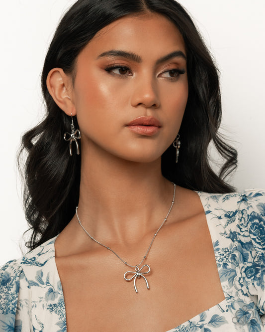 Silver Bow Earrings & Necklace Complete Look