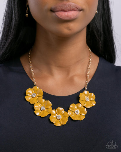Floral Favor - Yellow Enamel Flower Gold Necklace - Paparazzi Accessories