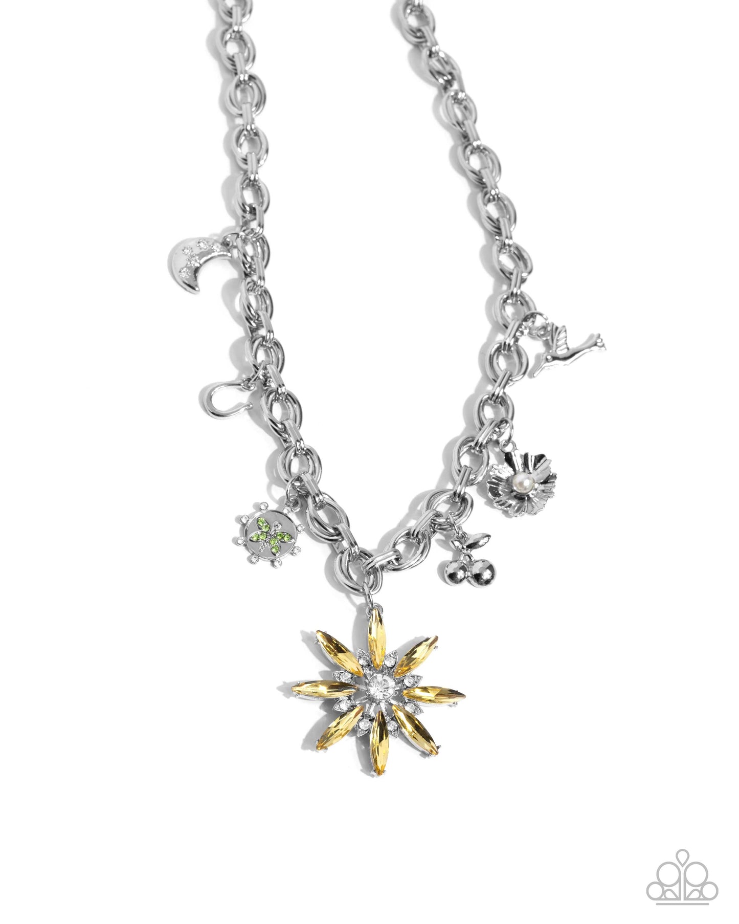 Elegant Encore - Yellow Rhinestone Flower Silver Charms Necklace - Paparazzi Accessories
