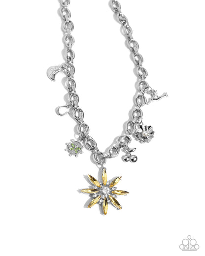 Elegant Encore - Yellow Rhinestone Flower Silver Charms Necklace - Paparazzi Accessories