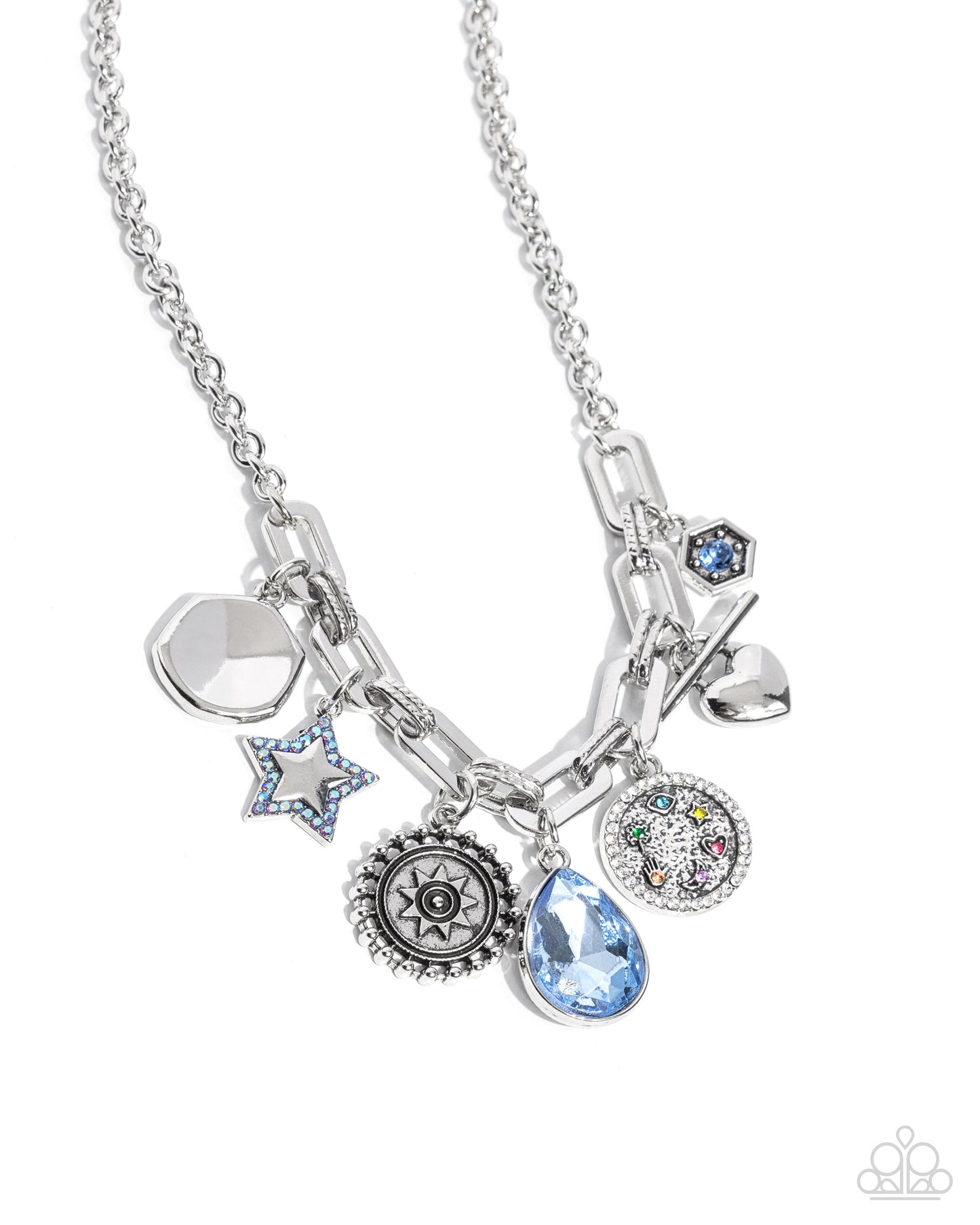 Welcome to the Show - Blue Rhinestone Charms Silver Necklace - Paparazzi Accessories