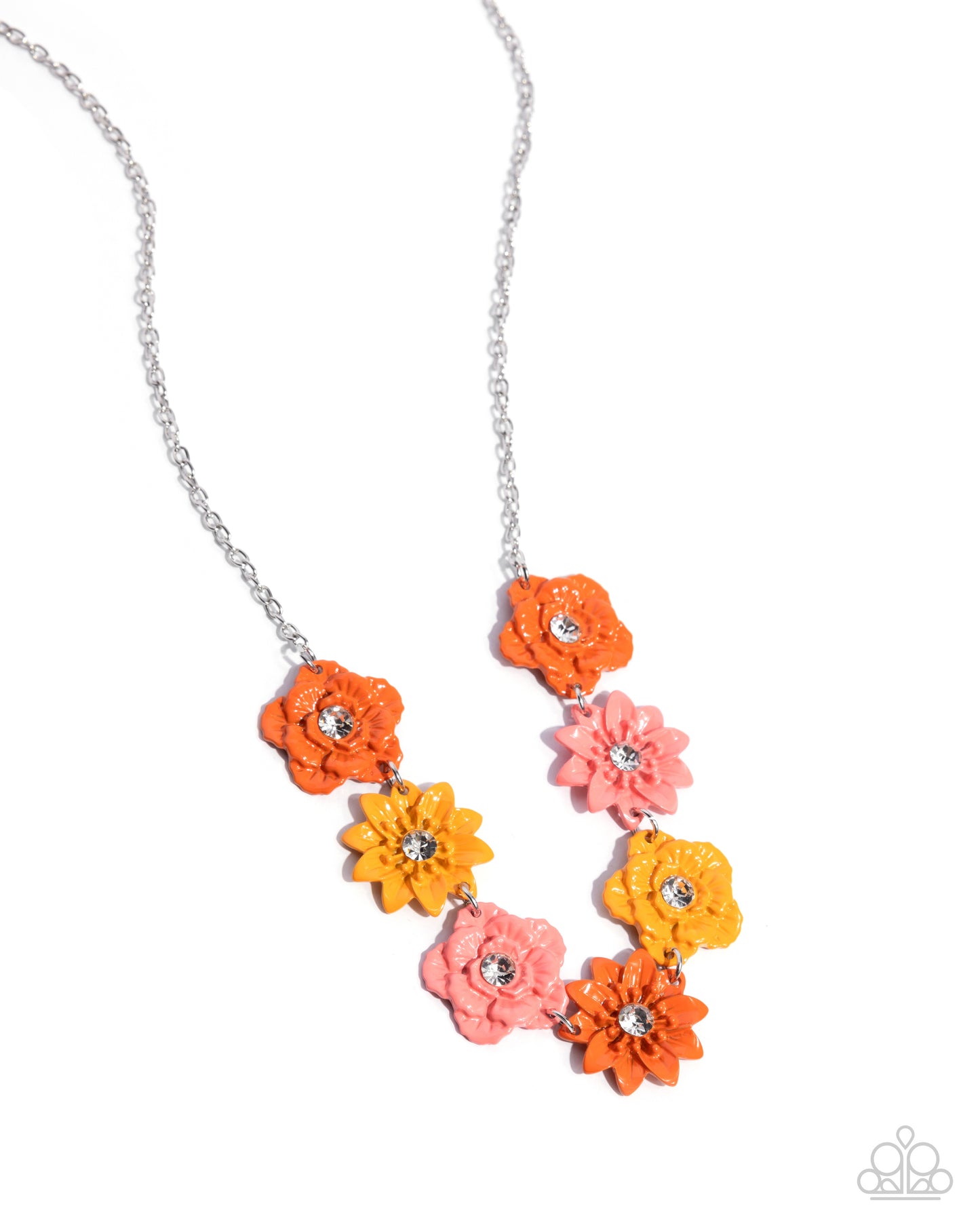 Frenetic Florals - Orange, Pink & Palm Silver Flower Necklace - Paparazzi Accessories