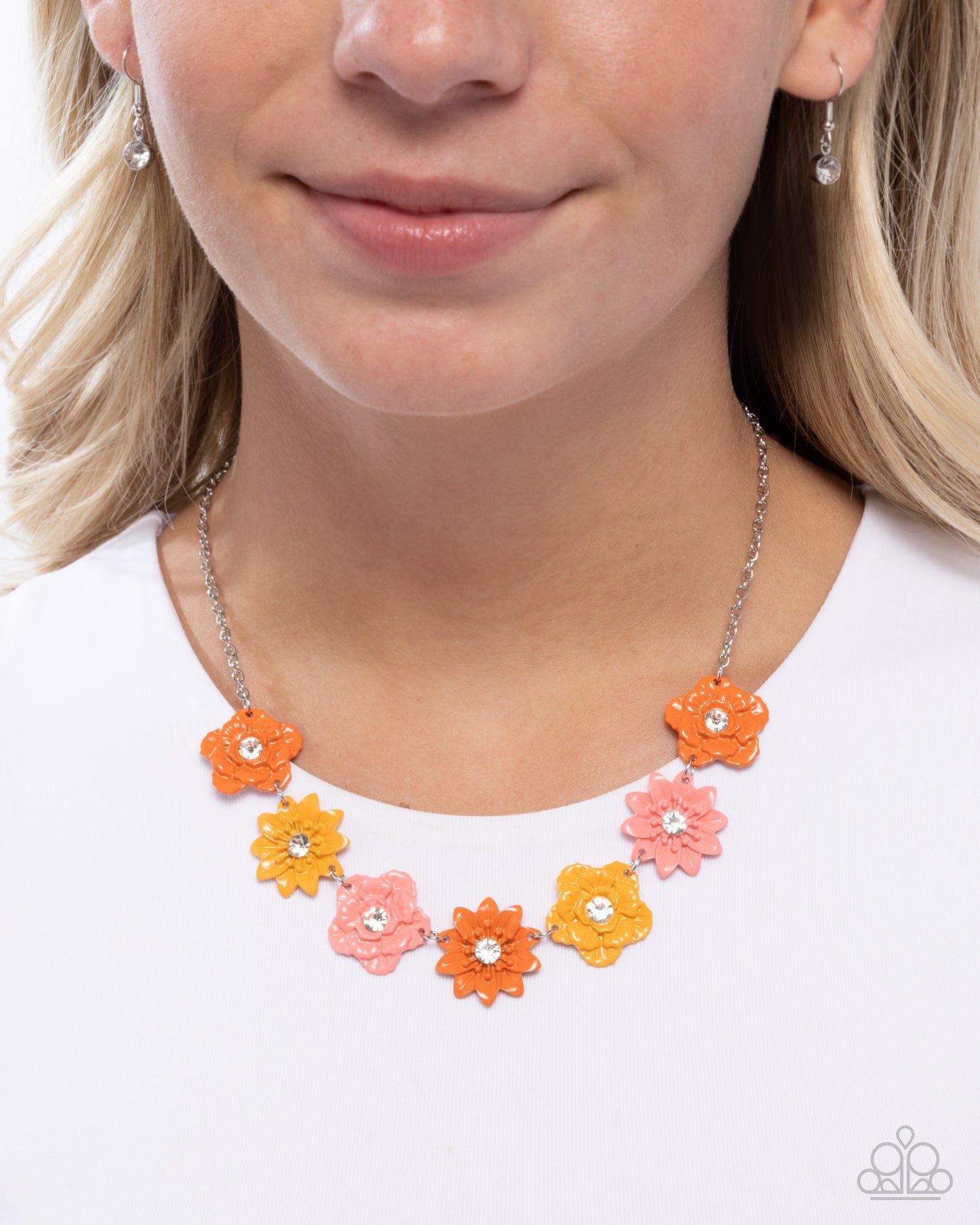 Frenetic Florals - Orange, Pink & Palm Silver Flower Necklace - Paparazzi Accessories