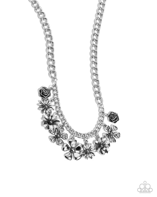 Loyal Layers - White Rhinestone Silver Flower Charm Necklace - Paparazzi Accessories