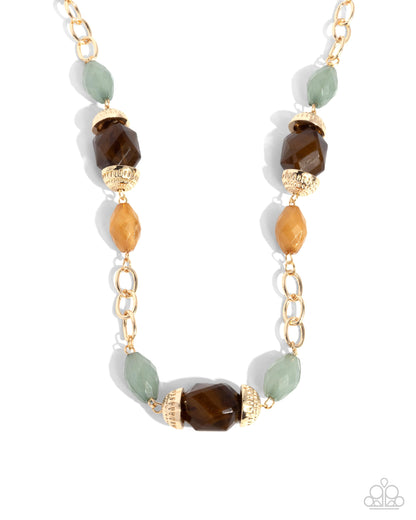 Brown & Soft Green Beaded Gold Necklace & Bracelet Complete Look - Paparazzi Accessories