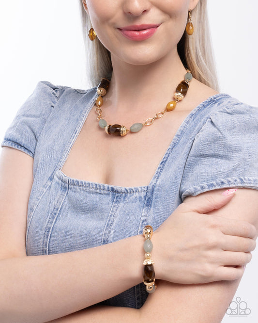 Brown & Soft Green Beaded Gold Necklace & Bracelet Complete Look - Paparazzi Accessories
