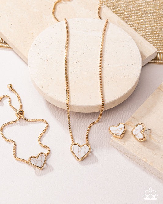 Courting Collection - Complete Look - Gold & White Crackle Stone Hearts Necklace, Bracelet, & Post Earrings - Paparazzi Accessories