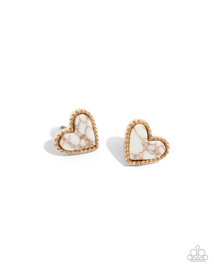 Courting Collection - Complete Look - Gold & White Crackle Stone Hearts Necklace, Bracelet, & Post Earrings - Paparazzi Accessories