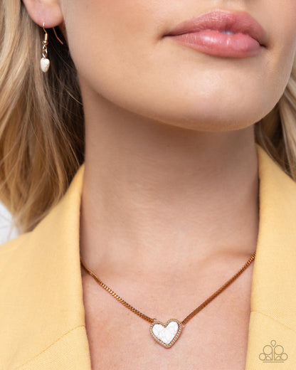 Courting Collection - Complete Look - Gold & White Crackle Stone Hearts Necklace, Bracelet, & Post Earrings - Paparazzi Accessories