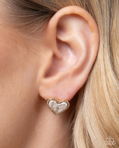 Courting Collection - Complete Look - Gold & White Crackle Stone Hearts Necklace, Bracelet, & Post Earrings - Paparazzi Accessories