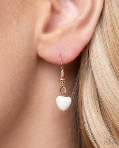 Courting Collection - Complete Look - Gold & White Crackle Stone Hearts Necklace, Bracelet, & Post Earrings - Paparazzi Accessories