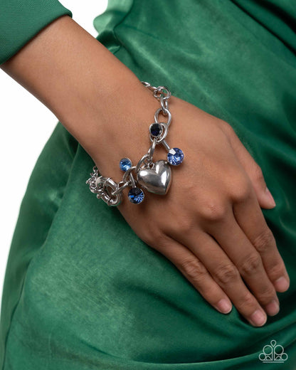 Complete Look - Blue Rhinestone Silver Bars Heart Charm Necklace & Bracelet - Paparazzi Accessories
