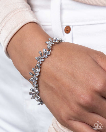 Complete Look - Airy Silver & White Rhinestone Leaves Necklace & Clasp Bracelet - Paparazzi Accessories