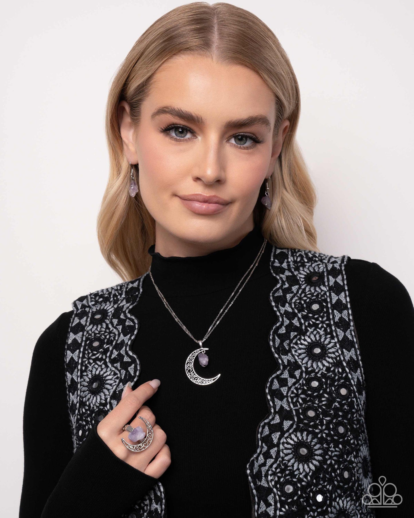 Purple Stone Moon Necklace & Ring Complete Look