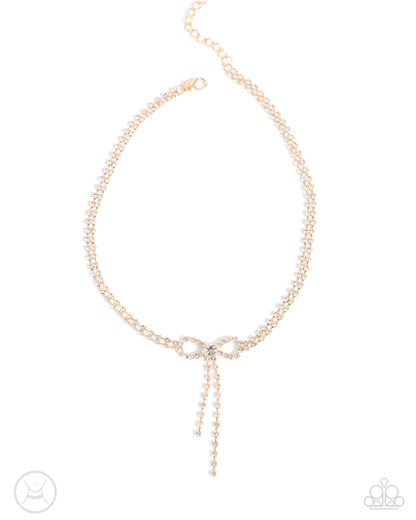Complete Look - Gold & White Rhinestone Bow Necklace & Bracelet - Paparazzi Accessories