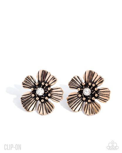 Blossoming Backdrop - Gold Clip-on Earrings - Paparazzi Accessories