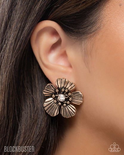 Blossoming Backdrop - Gold Clip-on Earrings - Paparazzi Accessories
