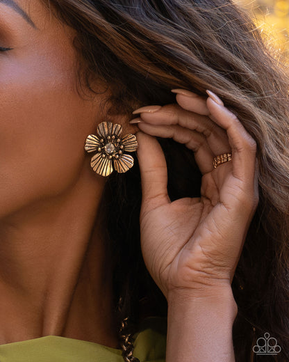 Blossoming Backdrop - Gold Clip-on Earrings - Paparazzi Accessories