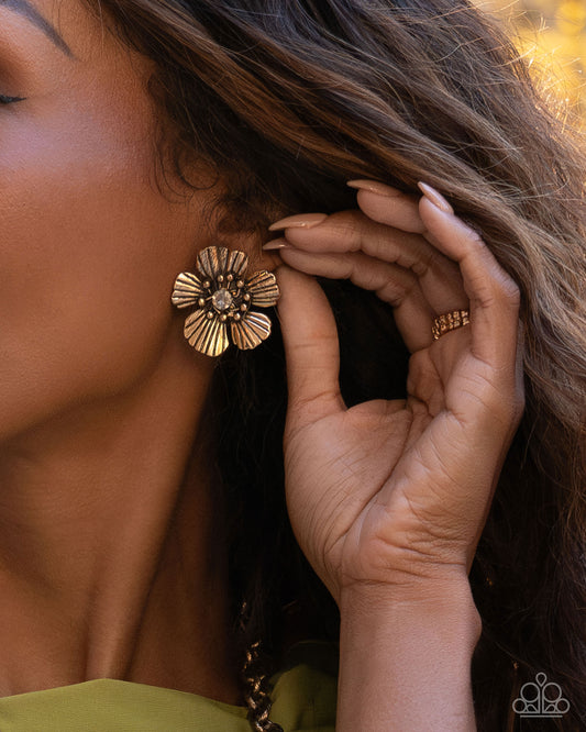 Blossoming Backdrop - Gold Clip-on Earrings - Paparazzi Accessories