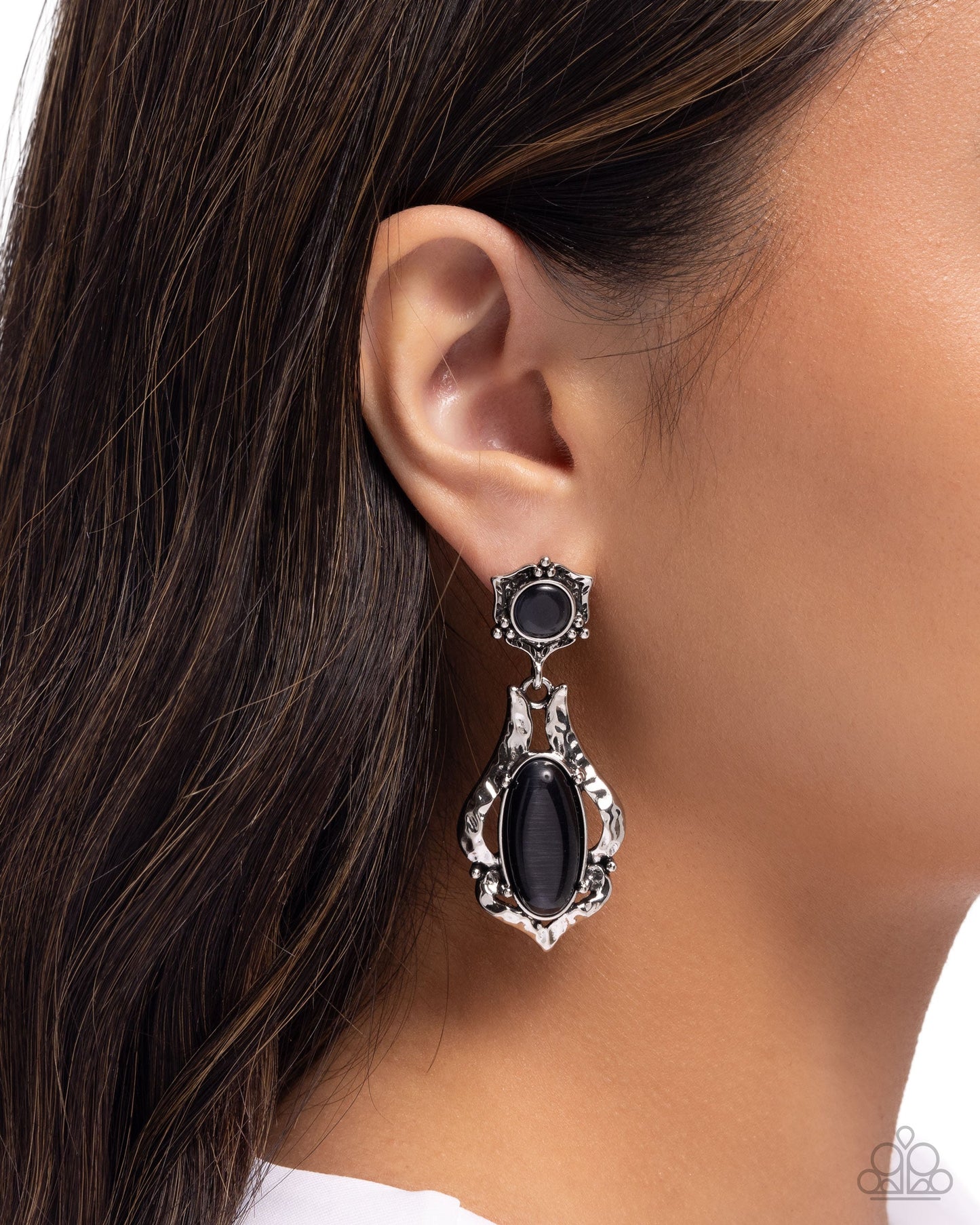 High-End Reservation - Black Stone Silver Post Earrings - Paparazzi Accessories