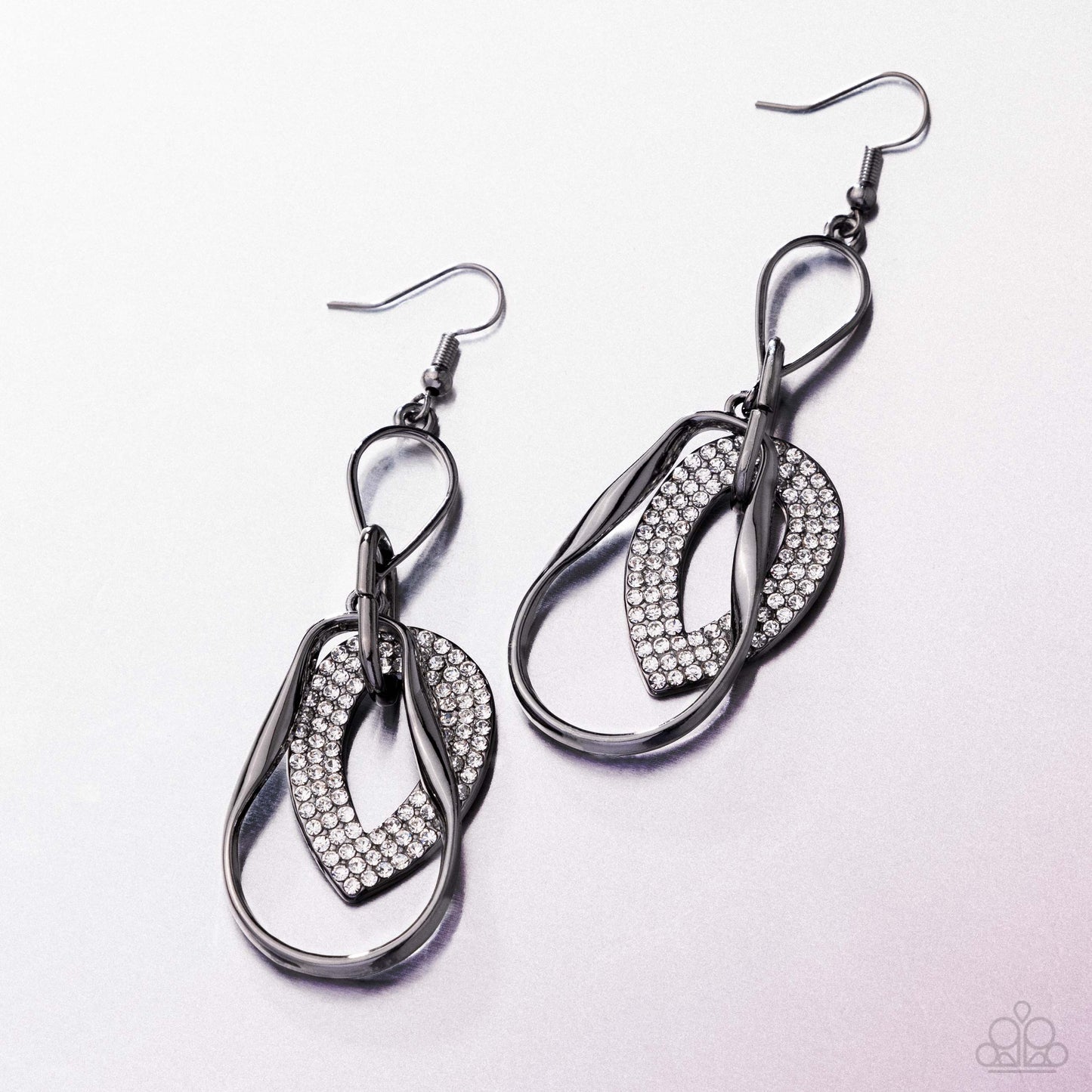 Teardrop Triumph - Black Gunmetal White Rhinestone Fishhook Earrings - Paparazzi Accessories